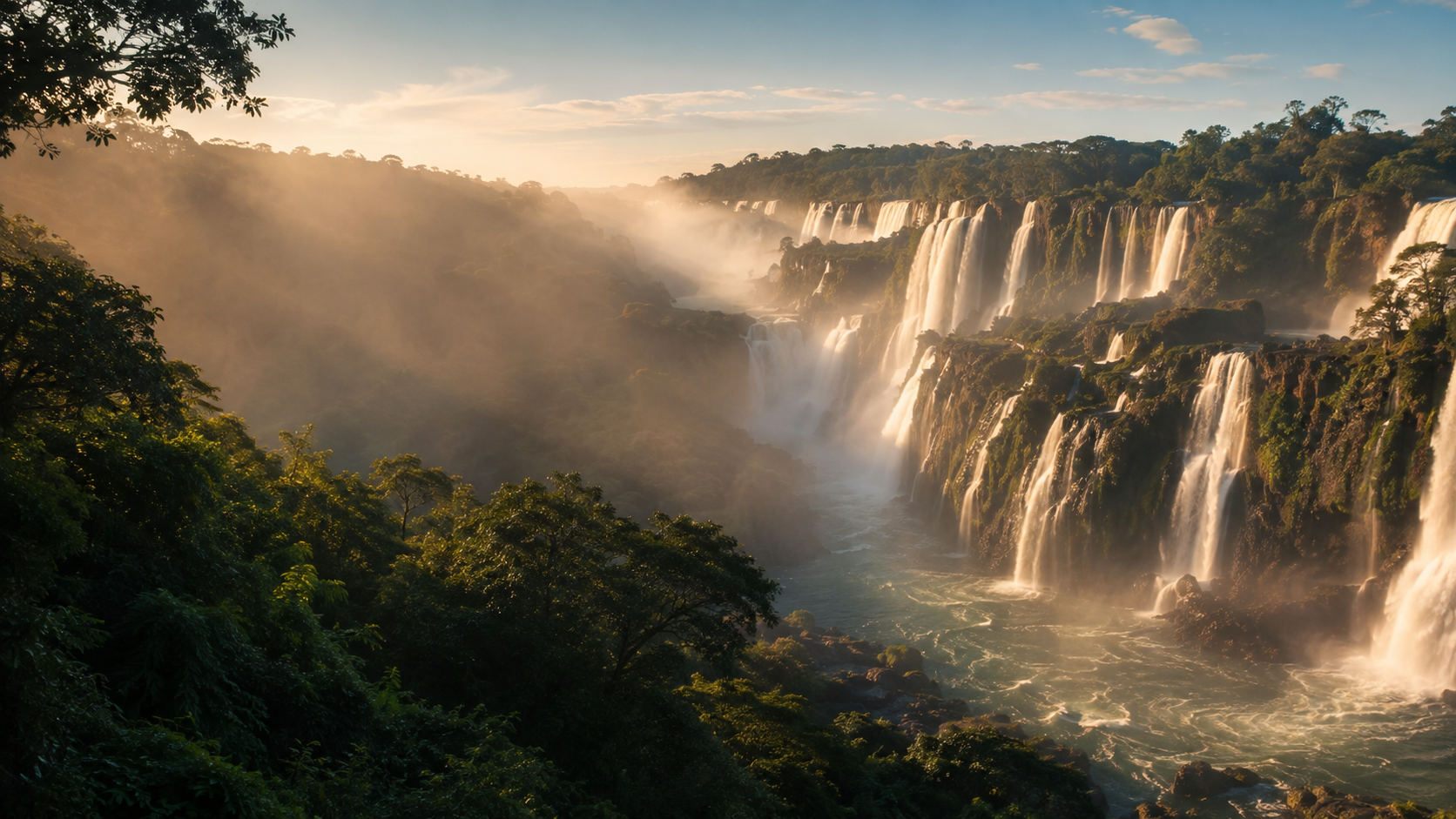 Vista panorâmica das Cataratas do Iguaçu ao amanhecer